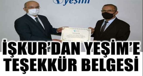 İŞKUR’dan Yeşim’e teşekkür belgesi