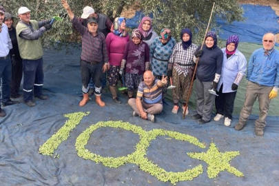 Çiftçiler topladıkları zeytinlerden 100. Yıl logosu yaptı